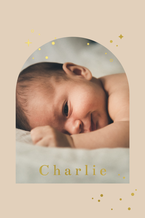 geboortekaartje met foto in arch boog en elementen in goudfolie