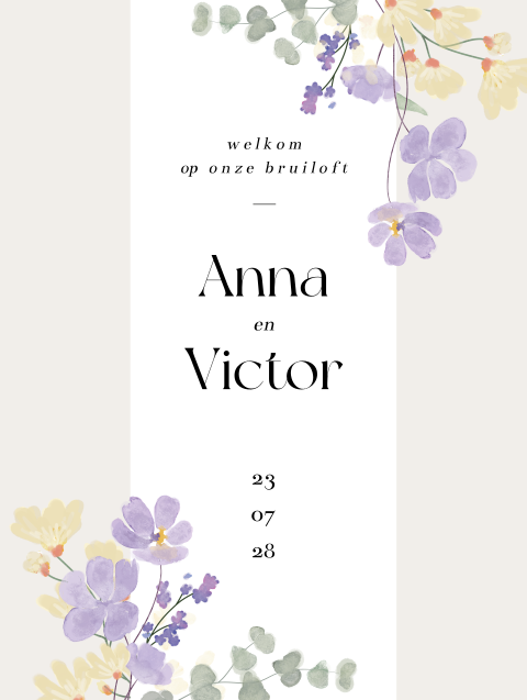 welkomsbord bruiloft met lila bloemen