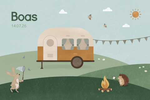 geboortekaartje Boas met caravan en bosdiertjes