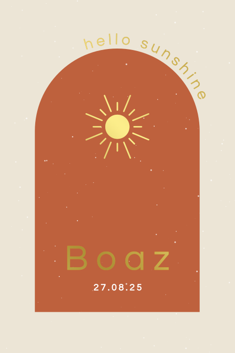 geboortekaartje Boaz met boog, zon en goudfolie