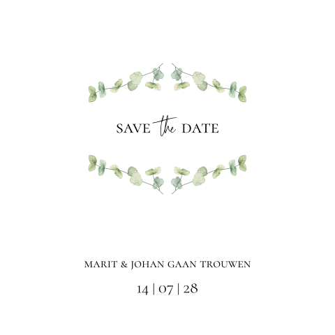 save the date kaart met eucalyptus takken