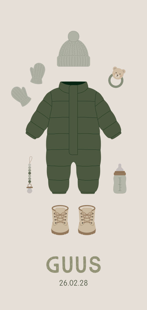 winters geboortekaartje Guus met skipak en baby accessoires