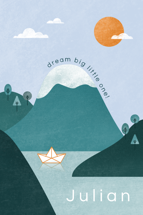 winters geboortekaartje Julian bootje en bergen