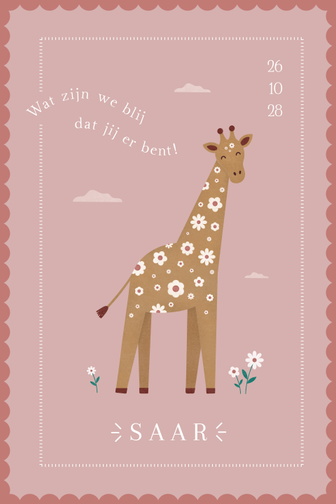 geboortekaartje Saar met giraf met bloemenprint