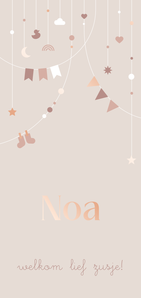 geboortekaartje Noa met slingers en roségoudfolie