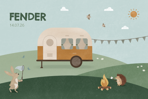 geboortekaartje Fender met caravan en bosdiertjes