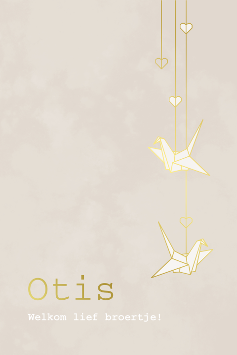 geboortekaartje Otis met origami kraanvogels in goudfolie