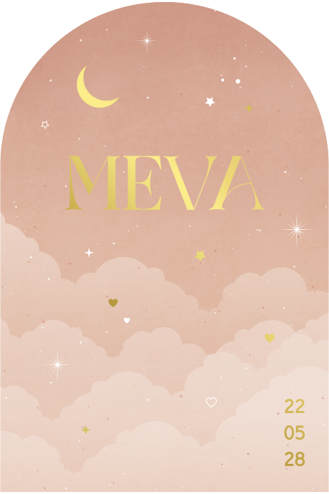 geboortekaartje Meva in boogformaat met wolken en goudfolie