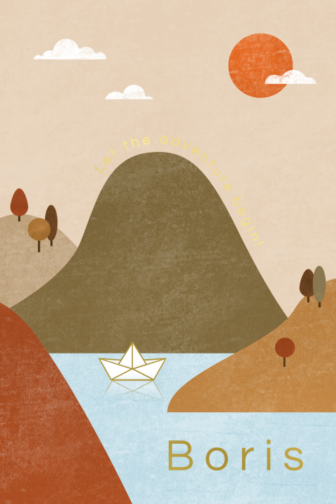 geboortekaartje Boris met bootje, bergen en goudfolie