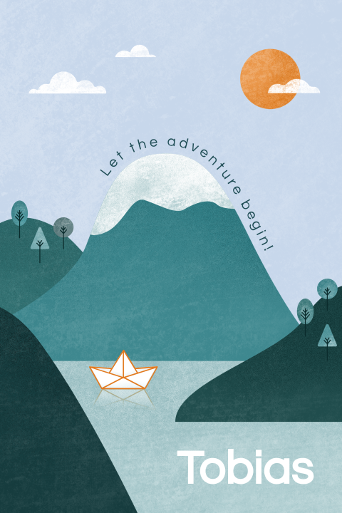 geboortekaartje Tobias bootje en bergen winter dubbel