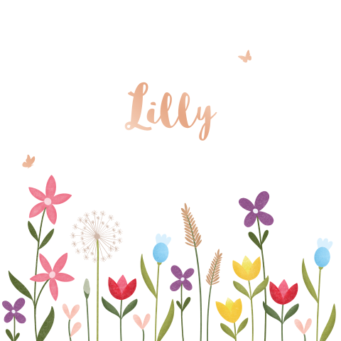 geboortekaartje Lilly met kleurrijke veldbloemen en folie