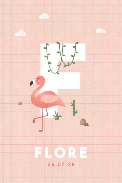 geboortekaartje Flore met flamingo en initiaal
