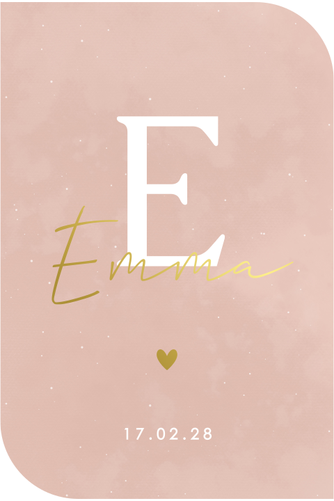 geboortekaartje Emma in bijzondere vorm met initiaal en goudfolie