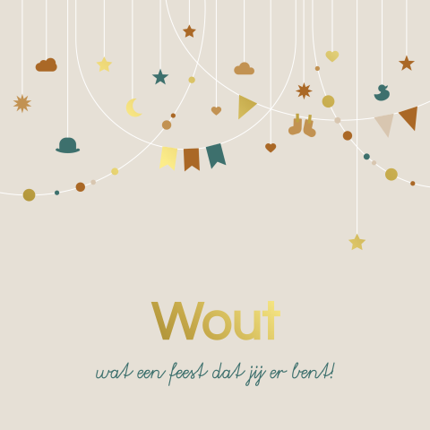 feestelijk geboortekaartje Wout met slingers en goudfolie