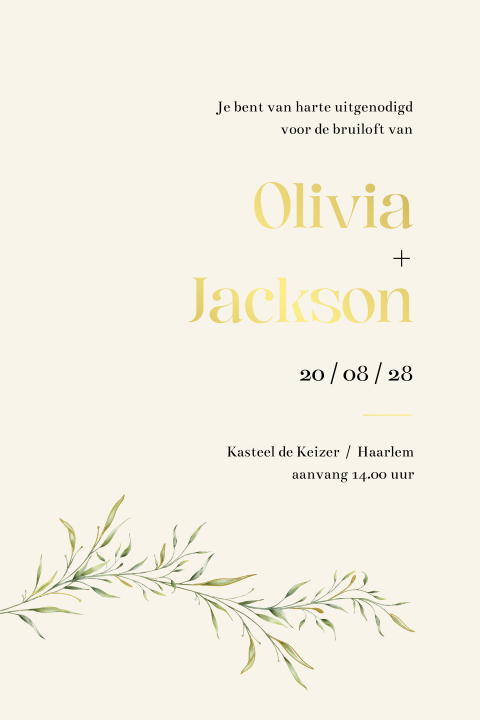 trouwkaart met sierlijke tak en goudfolie