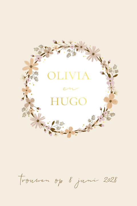trouwkaart met bloemenkrans en goudfolie