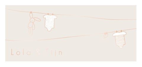 geboortekaartje tweeling met waslijntje in rosegoudfolie