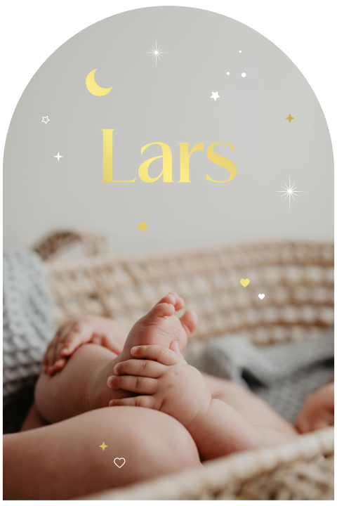 geboortekaartje Lars in boogvorm met foto en goudfolie