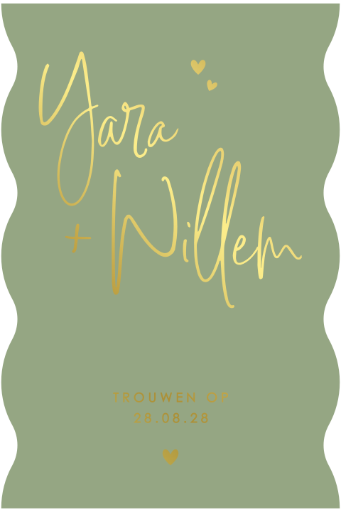 trouwkaart in bijzondere vorm groen met goudfolie