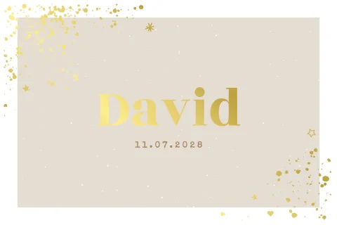 geboortekaartje jongen minimalistisch met spetters in goudfolie