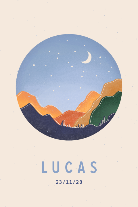geboortekaartje Lucas met landschap en sterrenhemel