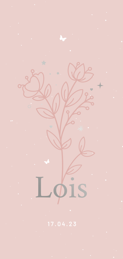 Geboortekaartje meisje met bloem en sterretjes met zilverfolie