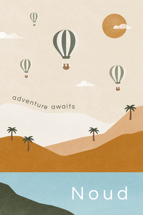 geboortekaartje met luchtballonnen en bergen