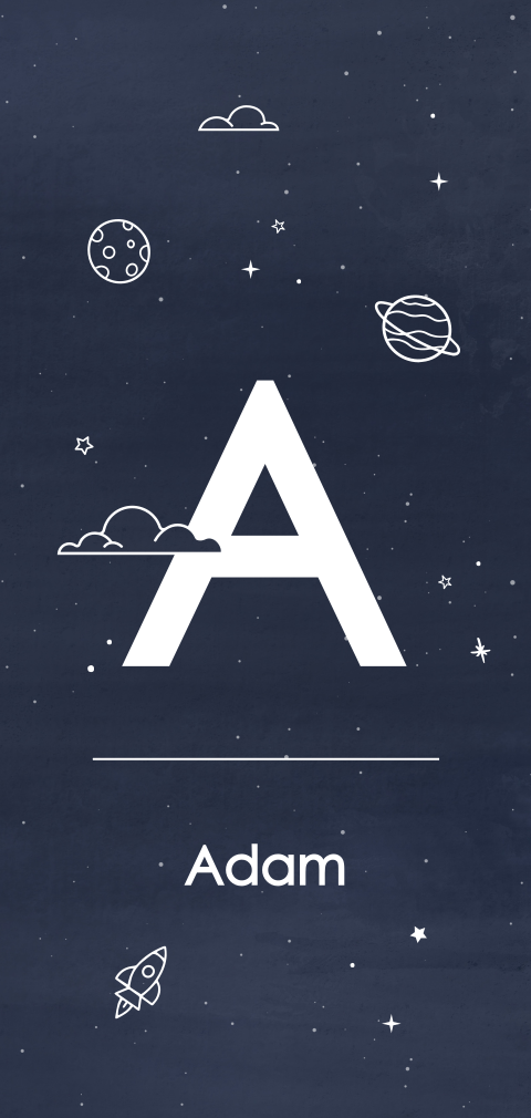 Geboortekaartje jongen met letter in heelal