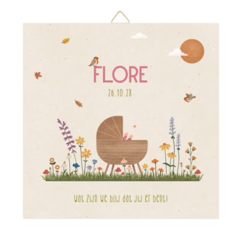 geboortetegeltje met wieg en bloemenveld