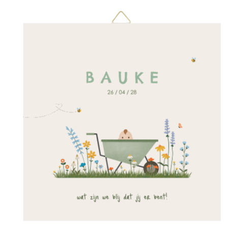 geboortetegeltje met kruiwagen in bloemenveld