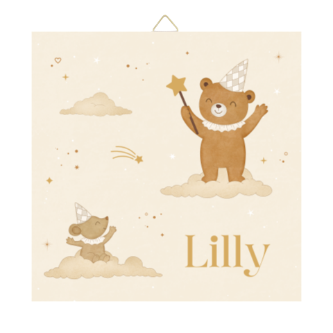 geboortetegeltje met beer en muis in de wolken