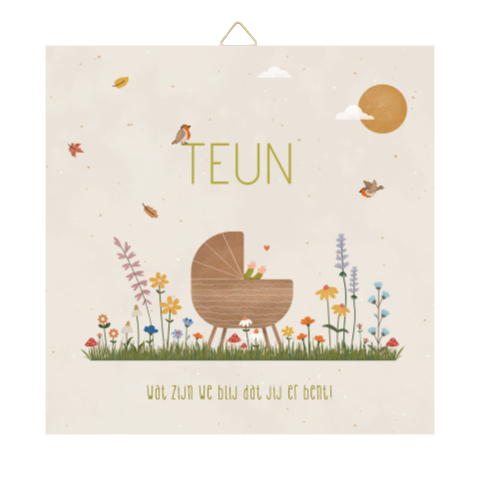 geboortetegeltje met wiegje en veldbloemen