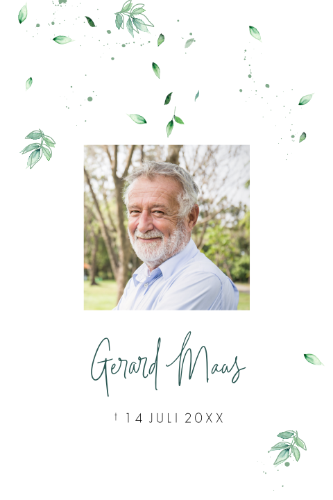 Herinneringskaartje met foto en blad