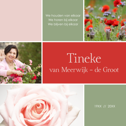 Rouwkaart fotocollage vrouw bloemen
