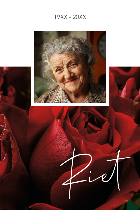 Rouwkaart roos rood met portretfoto