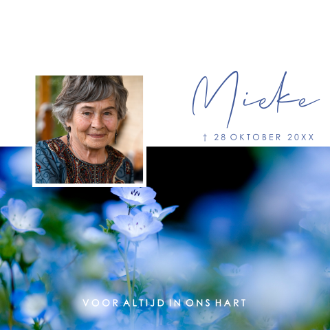 Rouwkaart bloemen blauw en foto
