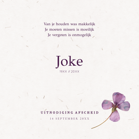 Rouwkaart met viooltje en moderne typografie