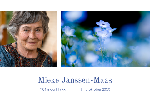 Rouwkaart met portretfoto en blauwe bloemen