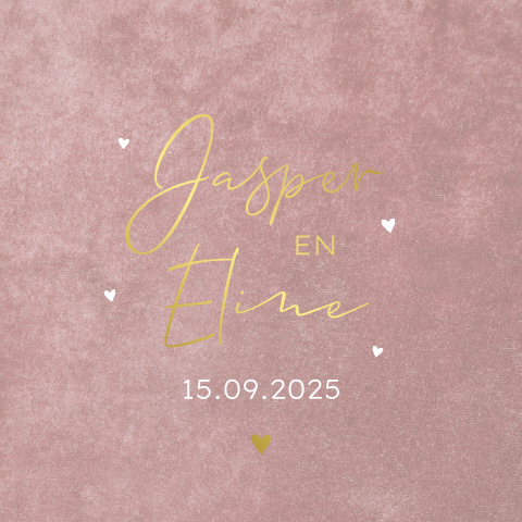 Trouwkaart met oud roze velvet look achtergrond en goudfolie