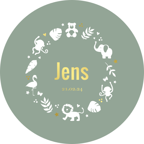 Geboortekaartje jongen ronde vorm met jungle dieren & goudfolie