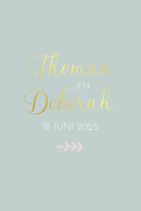 Trouwkaart mint met takje, dagprogramma en goudfolie