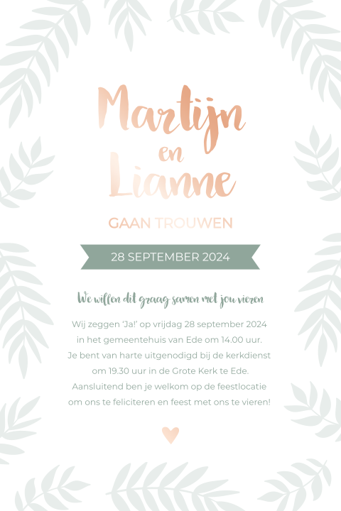 Trouwkaart botanisch - rand van groene blaadjes & rosefolie