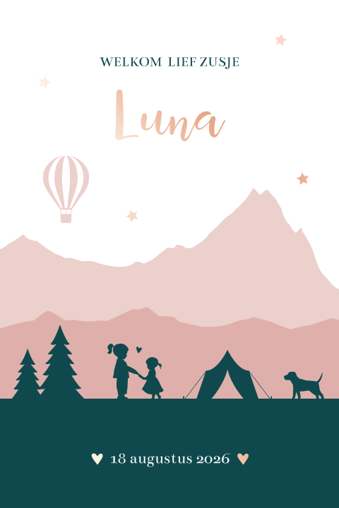 Geboortekaartje meisje bergen kamperen roze sterren rosefolie