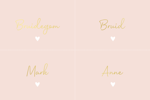 Naamkaartjes lichtroze goudfolie modern trouwhuisstijl