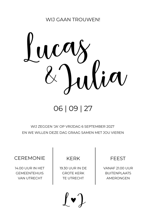 Trouwkaart chique wit zwart trouwlogo