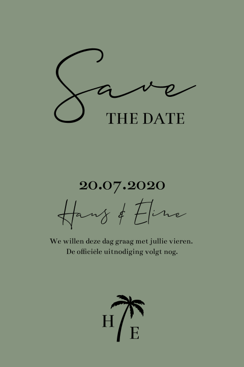 Save the date kaart olijfgroen modern zwart palmboom