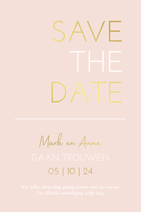 Save the date kaart lichtroze met goudfolie
