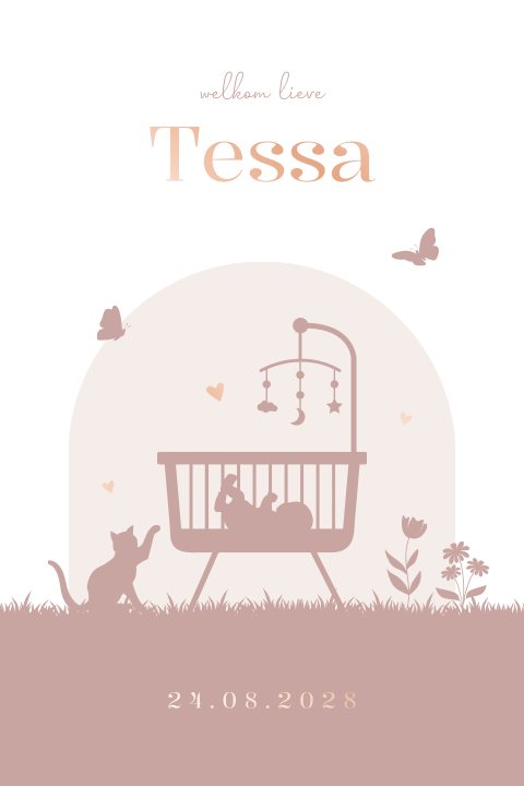 Geboortekaartje meisje wiegje silhouet roze