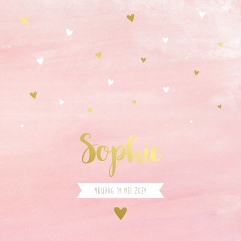 Geboortekaartje meisje watercolor roze hartjes regen goudfolie
