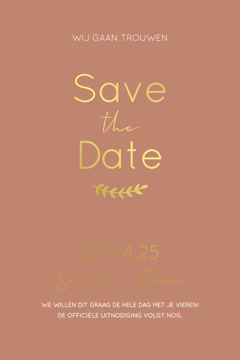 Save the date kaart roest goudfolie takje